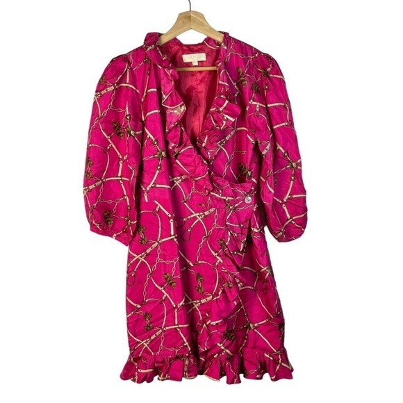 Britt Ryan Hot Pink Chain Print Half Sleeve Wrap Mini Dress 4 - Picture 1 of 5